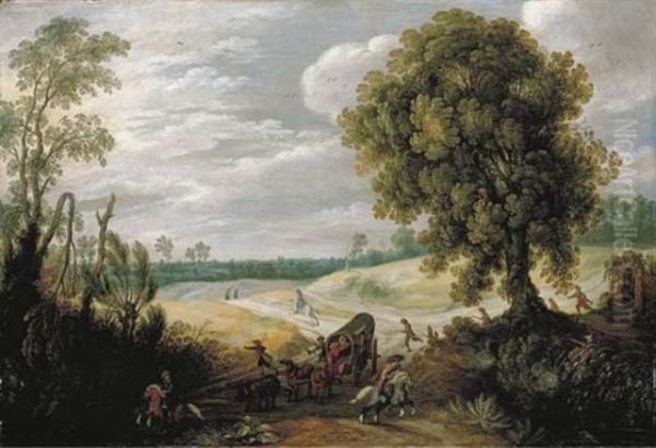 An Extensive Landscape With A Wagon Being Ambushed Oil Painting by Sebastien Vrancx