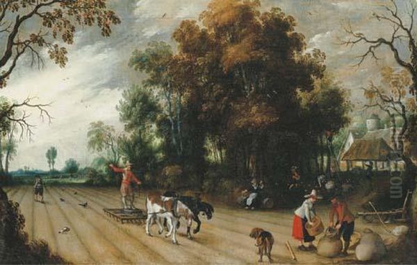 Peasants Working The Fields During The Harvest Oil Painting by Sebastien Vrancx