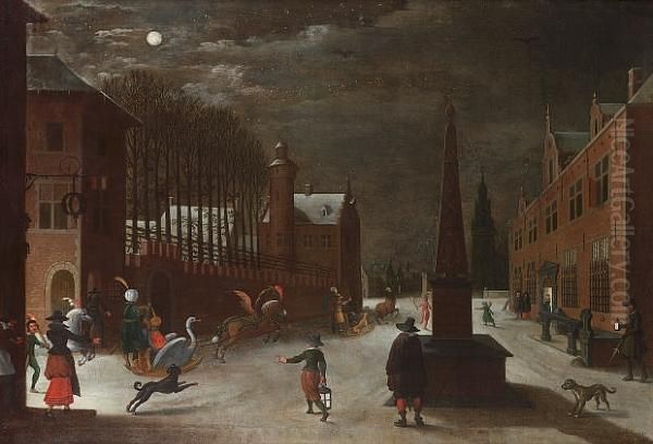 A Moonlit Winter Landscape With Figures In Horse-drawn Sledges And Townsfolk Looking On Oil Painting by Sebastien Vrancx