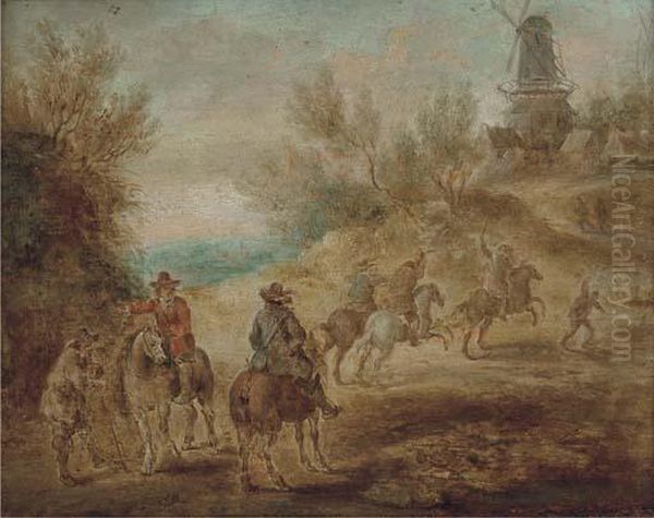 Cavalrymen Making For A Hilltop Village With A Mill Oil Painting by Sebastien Vrancx