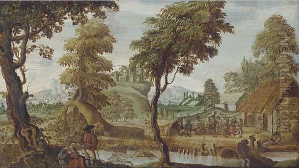 An Extensive Landscape With A Village Kermesse Oil Painting by Sebastien Vrancx