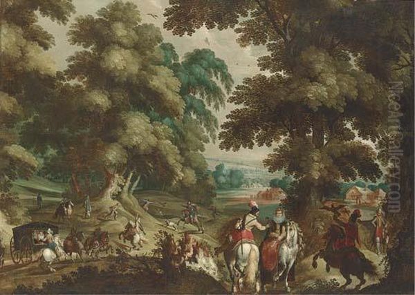 A Wooded Landscape With A Hawking Party And Elegant Company In Acarriage Oil Painting by Sebastien Vrancx