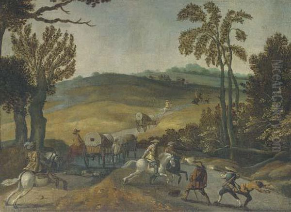 A Wooded Landscape With Bandits Ambushing Travellers Oil Painting by Sebastien Vrancx