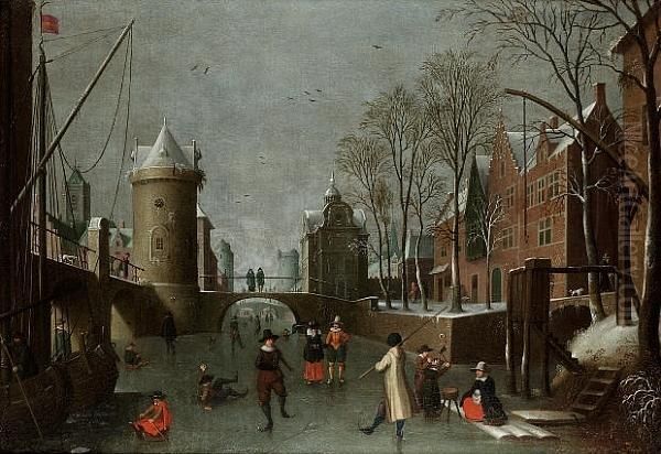 A Winter Townscape With Figures Skating On A Frozen Canal And Townsfolk Looking On Oil Painting by Sebastien Vrancx