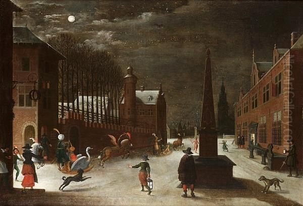 A Moonlit Winter Landscape With Figures In Horse-drawn Sledges With Townsfolk Looking On Oil Painting by Sebastien Vrancx