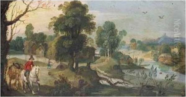 A River Landscape With A Horseman Leading A Pack Horse In The Foreground Oil Painting by Sebastien Vrancx