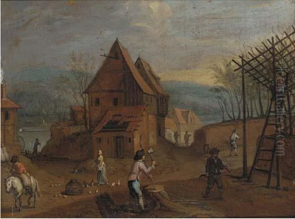 A Village Landscape With Figures Oil Painting by Sebastien Vrancx