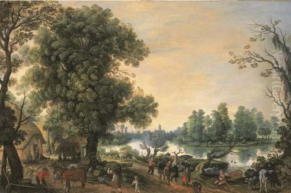 Paysans Revenant Du Marche Sur Un Chemin Au Bord D'une Riviere Oil Painting by Sebastien Vrancx