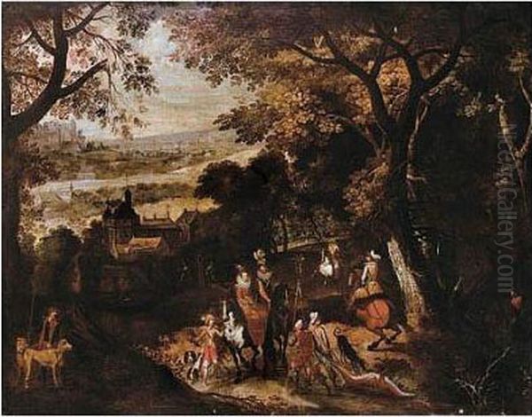 Landscape With A Hunting Party Oil Painting by Sebastien Vrancx