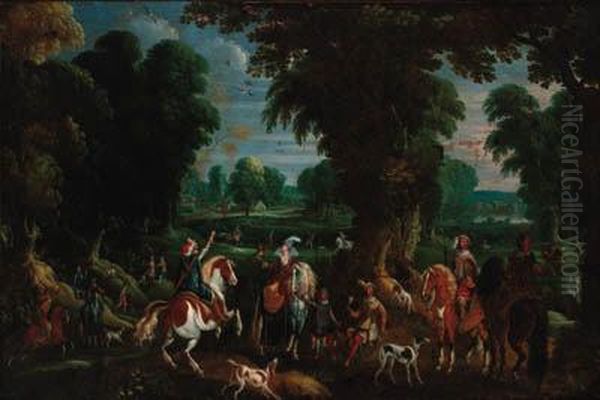 A Hawking Party In An Extensive Wooded Landscape Oil Painting by Sebastien Vrancx