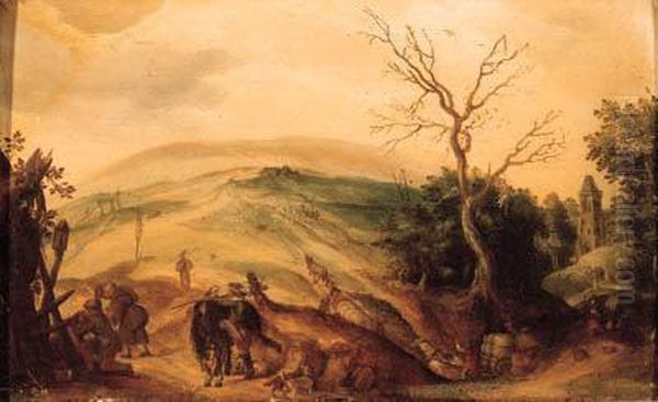 A Traveller And Pilgrims Halting
 Near A Chapel On A Country Road, Achurch And A Valley Beyond Oil Painting by Sebastien Vrancx