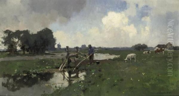 A Fisherman In A Dutch Polder Landscape Oil Painting by Cornelis Vreedenburgh