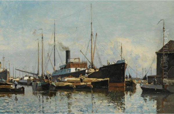 A Harbour Scene Oil Painting by Cornelis Vreedenburgh