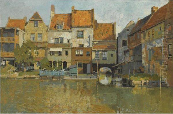 Houses On The Waterfront, Enkhuizen Oil Painting by Cornelis Vreedenburgh