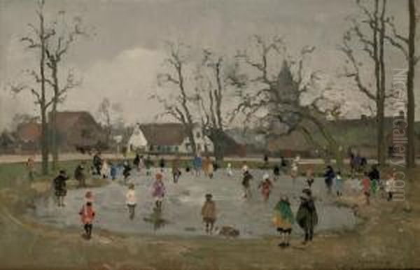 Skating On The Brink, Laren Oil Painting by Cornelis Vreedenburgh