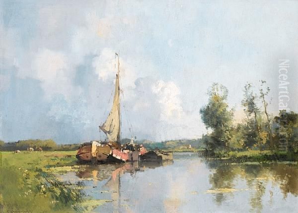 River Scene With Barges Oil Painting by Cornelis Vreedenburgh