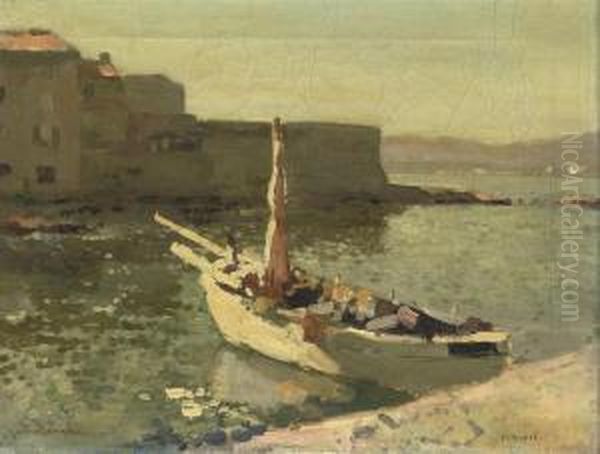 St. Tropez: Moored Fishingvessels In The Bay Of St. Tropez Oil Painting by Cornelis Vreedenburgh