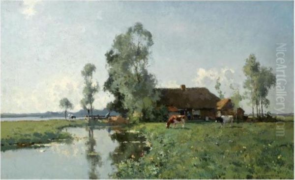 A Sunny View Of A Farm In A Polderlandscape Oil Painting by Cornelis Vreedenburgh