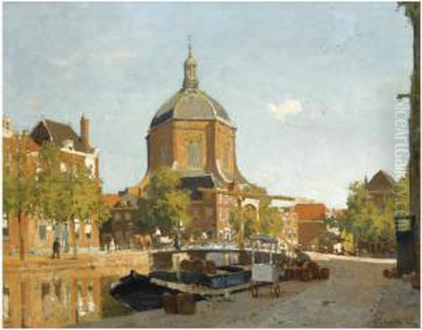 Figures On A Canal Near The Marekerk, Leiden Oil Painting by Cornelis Vreedenburgh