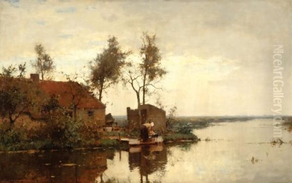 A Woman Doing Laundry In Front Of Her House By The Water Oil Painting by Cornelis Vreedenburgh