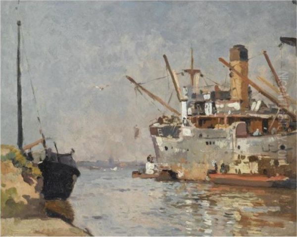 A View Of The Oostelijke Handelskade With The Ss Gouwestroom, Amsterdam Oil Painting by Cornelis Vreedenburgh