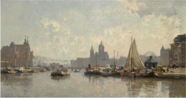 Moored Boats On The Prins 
Hendrikkade In Amsterdam, The Sint Nicolaas Church In The Background Oil Painting by Cornelis Vreedenburgh