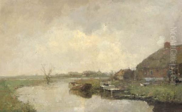 A Farmhouse By A River Oil Painting by Cornelis Vreedenburgh