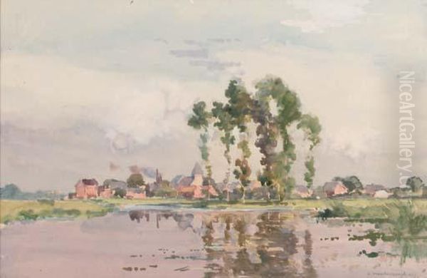 A Lakeside Town Oil Painting by Cornelis Vreedenburgh