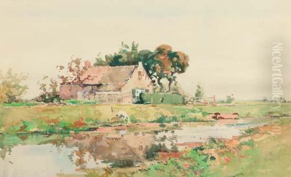 A Farmhouse Near A Stream In Summer Oil Painting by Cornelis Vreedenburgh