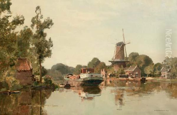 A Windmill Along A River Oil Painting by Cornelis Vreedenburgh