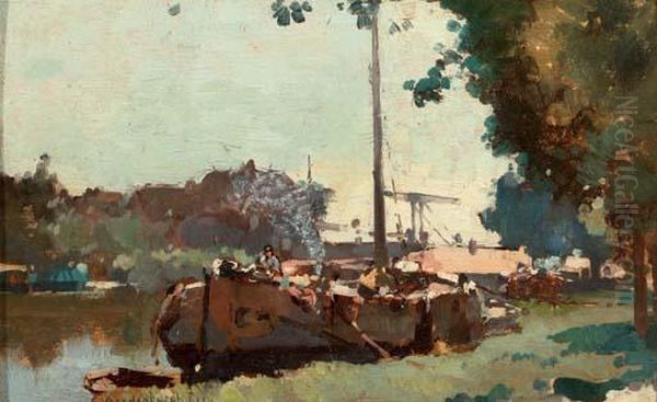 Moored Along A Riverbank Oil Painting by Cornelis Vreedenburgh