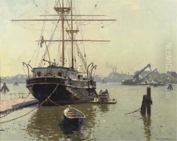 The Brig Pollux Moored At The Oosterdok, Amsterdam Oil Painting by Cornelis Vreedenburgh