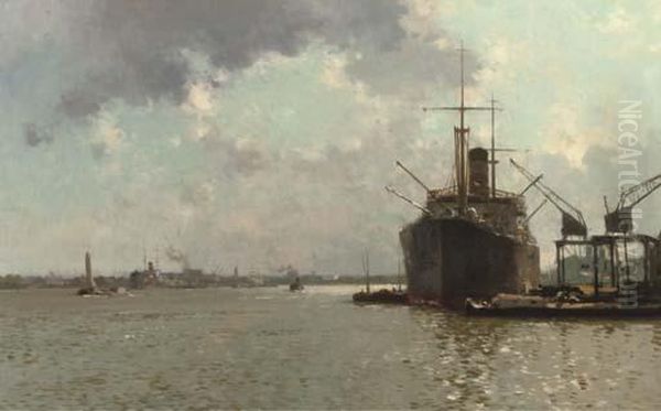 A Passenger Ship Moored Near The Oostelijke Handelskade, Amsterdam by Cornelis Vreedenburgh