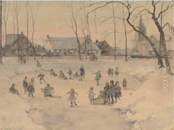 Children Skating On The Brink, Laren Oil Painting by Cornelis Vreedenburgh