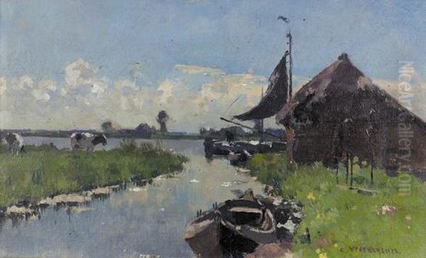 Hollandische Landschaft Mit Kleinem Kanal. Oil Painting by Cornelis Vreedenburgh