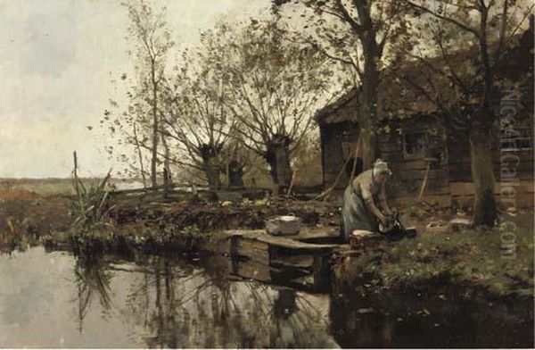 Washing Up By The Riverside Oil Painting by Cornelis Vreedenburgh