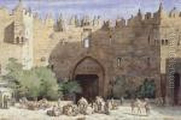 Jerusalem, Merchants At Damascus Gate Oil Painting by Cornelis Vreedenburgh