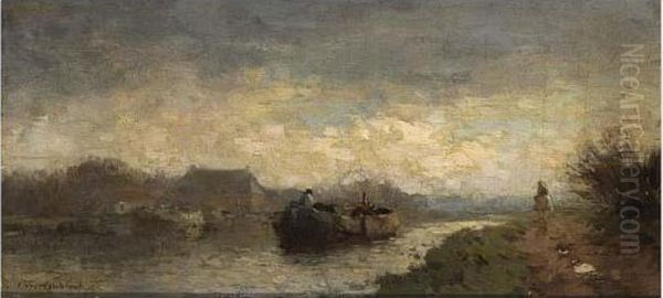 A Track Boat On A Waterway Oil Painting by Cornelis Vreedenburgh