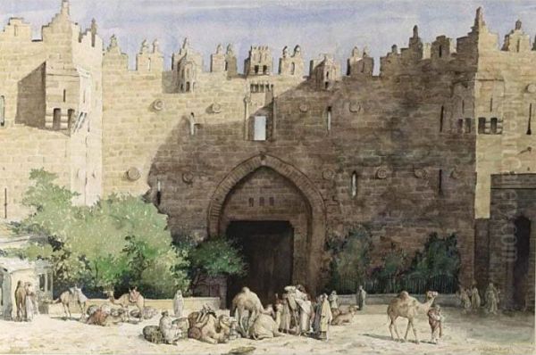 An Oriental Town Gate With Travellers And Camels Resting Oil Painting by Cornelis Vreedenburgh