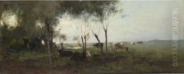 Cows Grazing In A Meadow. Oil Painting by Cornelis Vreedenburgh