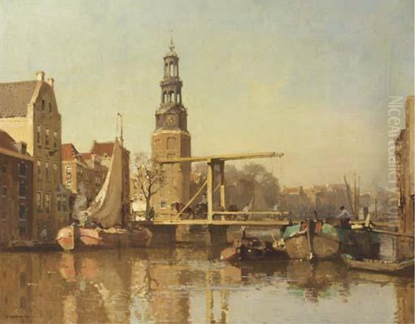 A View Of The Montelbaanstoren And The Oudeschans, Amsterdam Oil Painting by Cornelis Vreedenburgh