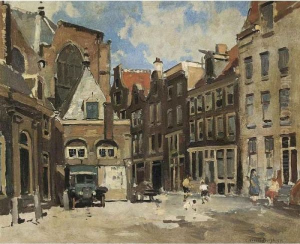 A Townscene With Children At Play, Haarlem Oil Painting by Cornelis Vreedenburgh