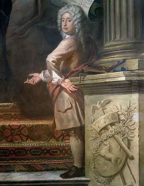 Rear wall painting of the Upper Hall glorifying George I (1660-1727) and the House of Hanover, detail of the artist, 1718-24 Oil Painting by Sir James Thornhill