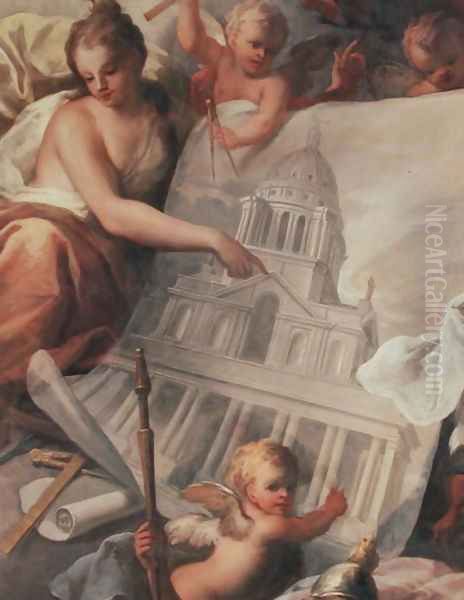 Ceiling of the Painted Hall, detail showing a drawing of the exterior of the Painted Hall, 1707-14 Oil Painting by Sir James Thornhill