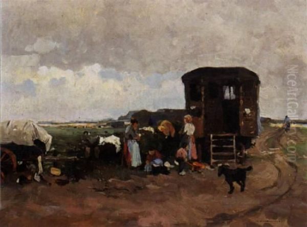 Family Near A Caravan In A Landscape Oil Painting by Cornelis Vreedenburgh