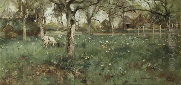 A Goat Grazing In A Spring Orchard Oil Painting by Cornelis Vreedenburgh