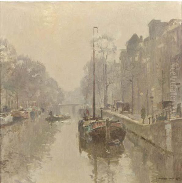 Early Morning: Boats In A Canal, Amsterdam Oil Painting by Cornelis Vreedenburgh