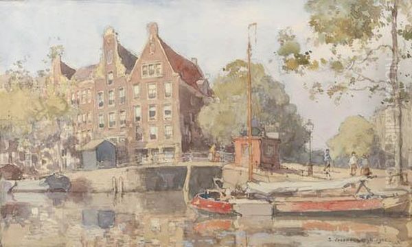 A View Of A Canal In Amsterdam Oil Painting by Cornelis Vreedenburgh