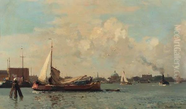 Barges On The Ij, Amsterdam, The Lutherse Kerk Beyond Oil Painting by Cornelis Vreedenburgh