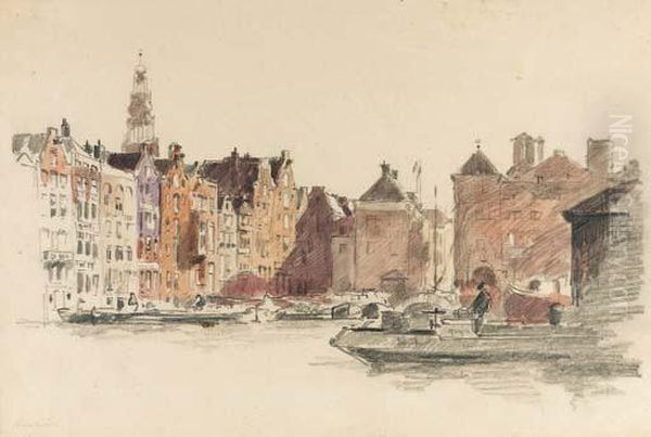 The Damrak With The Beurs Van Berlage, Amsterdam, The Oude Kerkbeyond Oil Painting by Cornelis Vreedenburgh